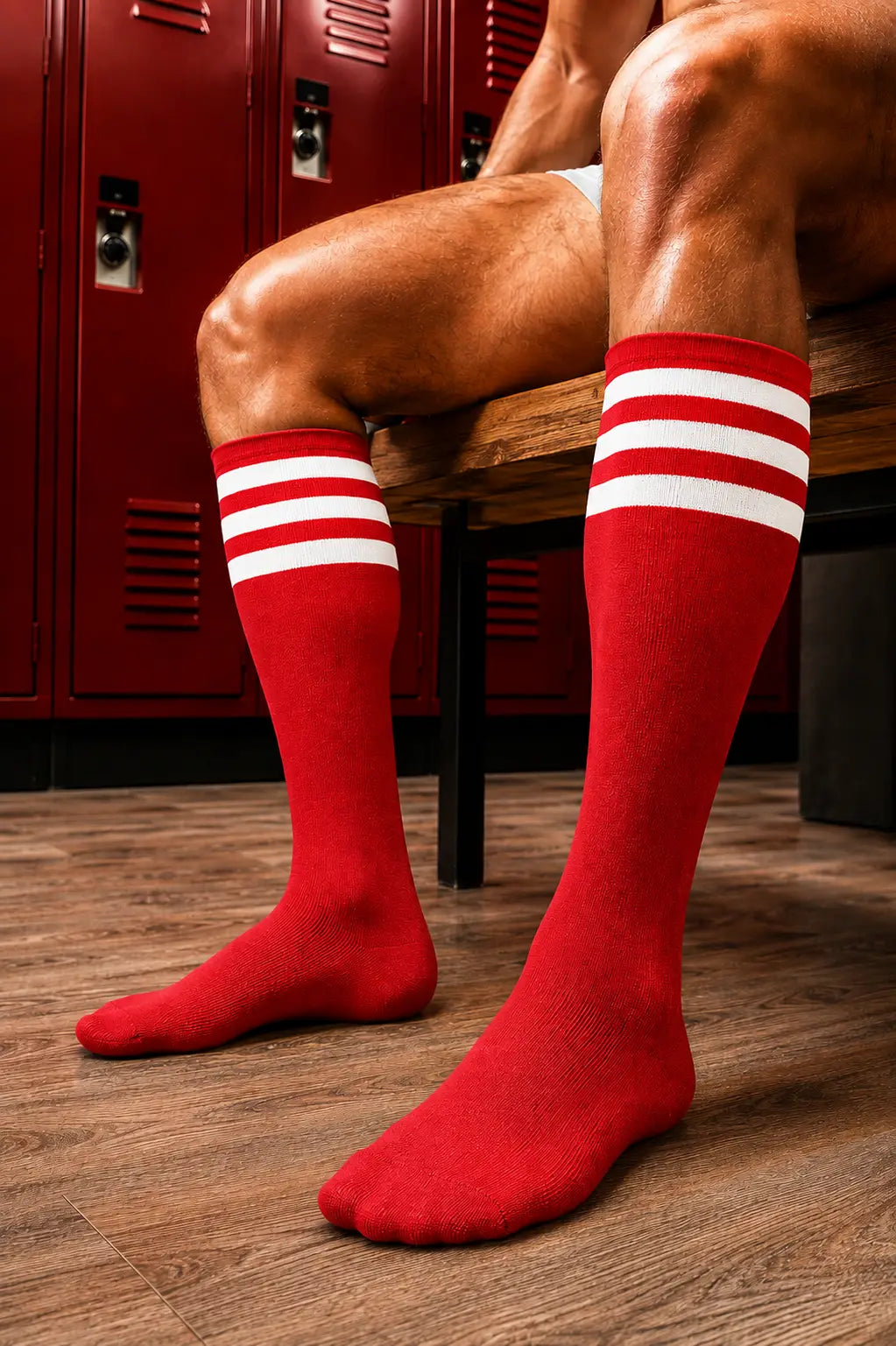 Red athletic knee-high socks with three white stripes near the top, worn on a person's legs while sitting on a wooden bench in a locker room with red lockers and wood flooring.