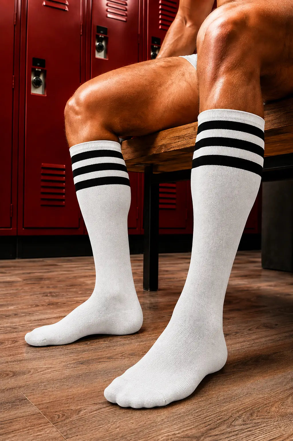 White crew socks with three black stripes near the top, worn on a person's legs sitting on a wooden bench in a locker room with red lockers in the background.