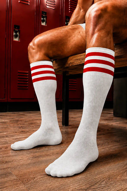 Long Socks. White + 3 Red Stripes