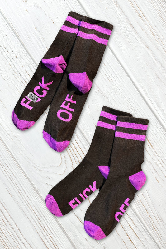 "F*CK OFF" Crew Socks. Black + Purple