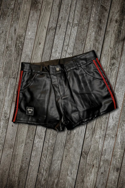 Crock Gearshift PU Leather Shorts. Black + 2 Parallel Red Stripes