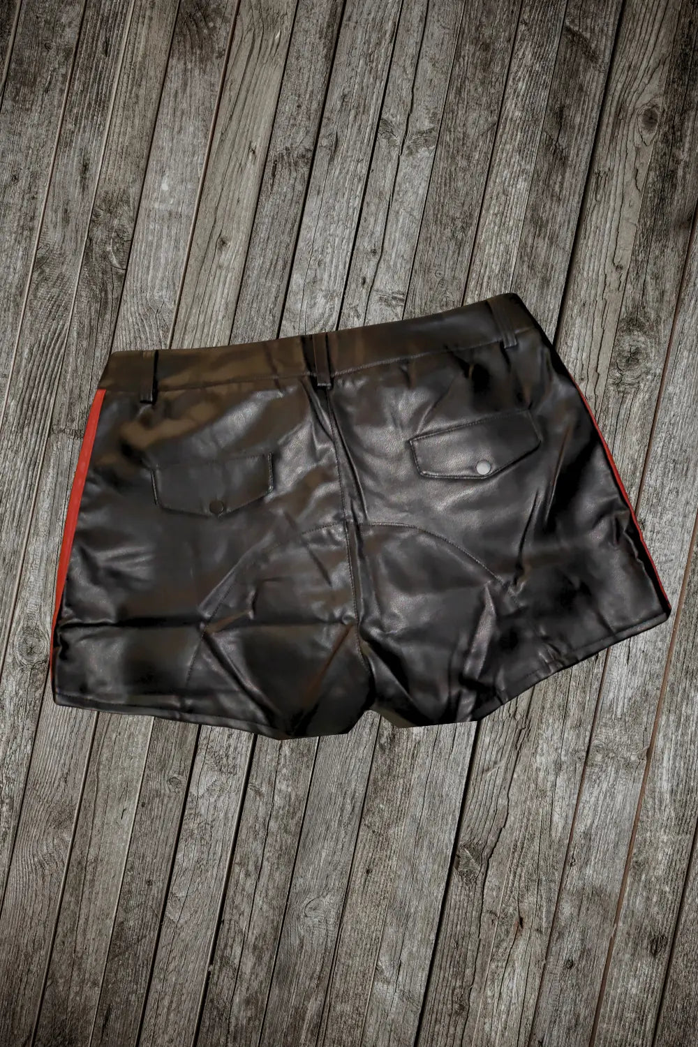 Crock Gearshift PU Leather Shorts. Black + 2 Parallel Red Stripes