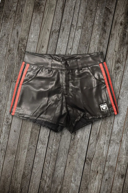 Armed Forces Saddle PU Leather shorts. Red Stripes + Black &pn