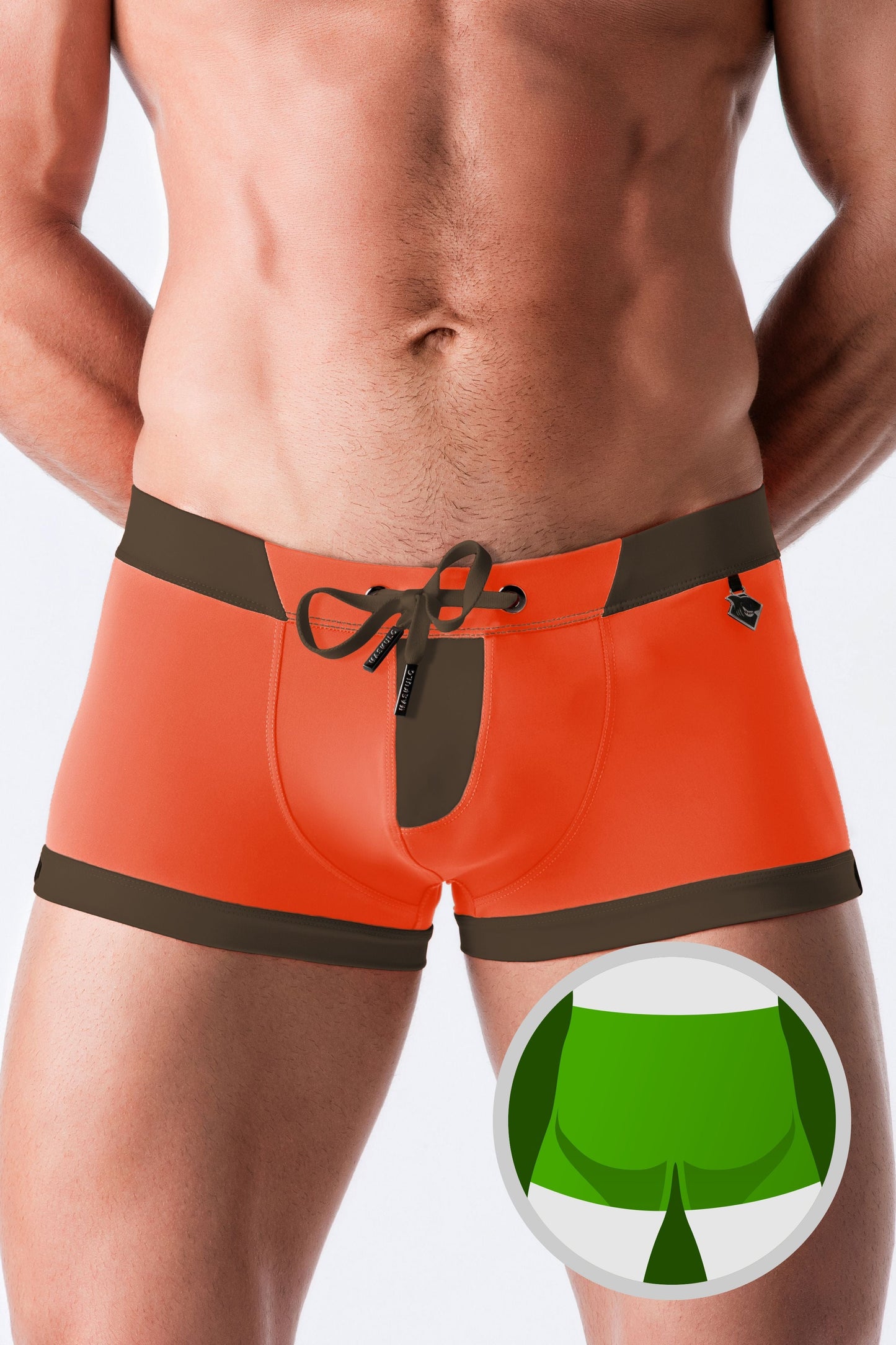 Swimming Trunk Shorts with Zip Imitation on the Front. Orange+Brown