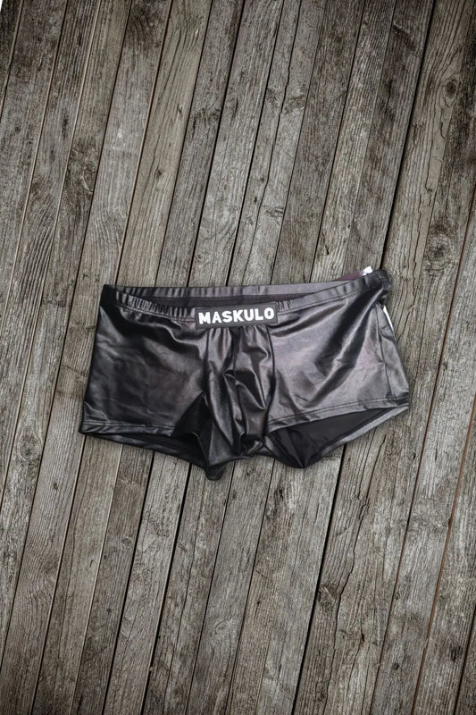 Seb LiquidOil PU Leather Trunk Shorts. Regular Rear. Black &pn