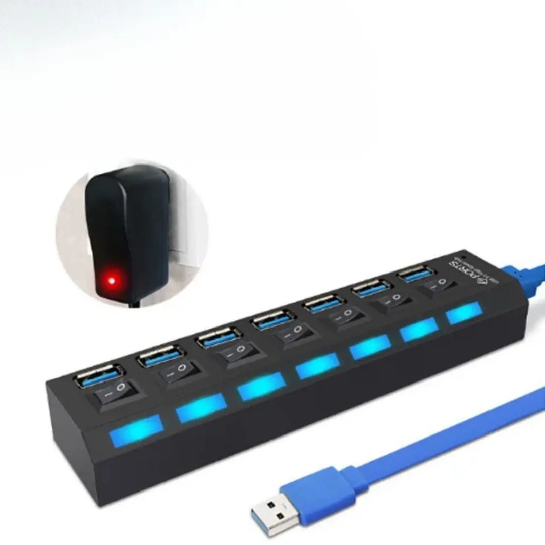 Maskulo NEL311 USB 3.0 Splitter Power Hub: 7-port, black/blue, 5 Gbps high-speed, ideal for travel.