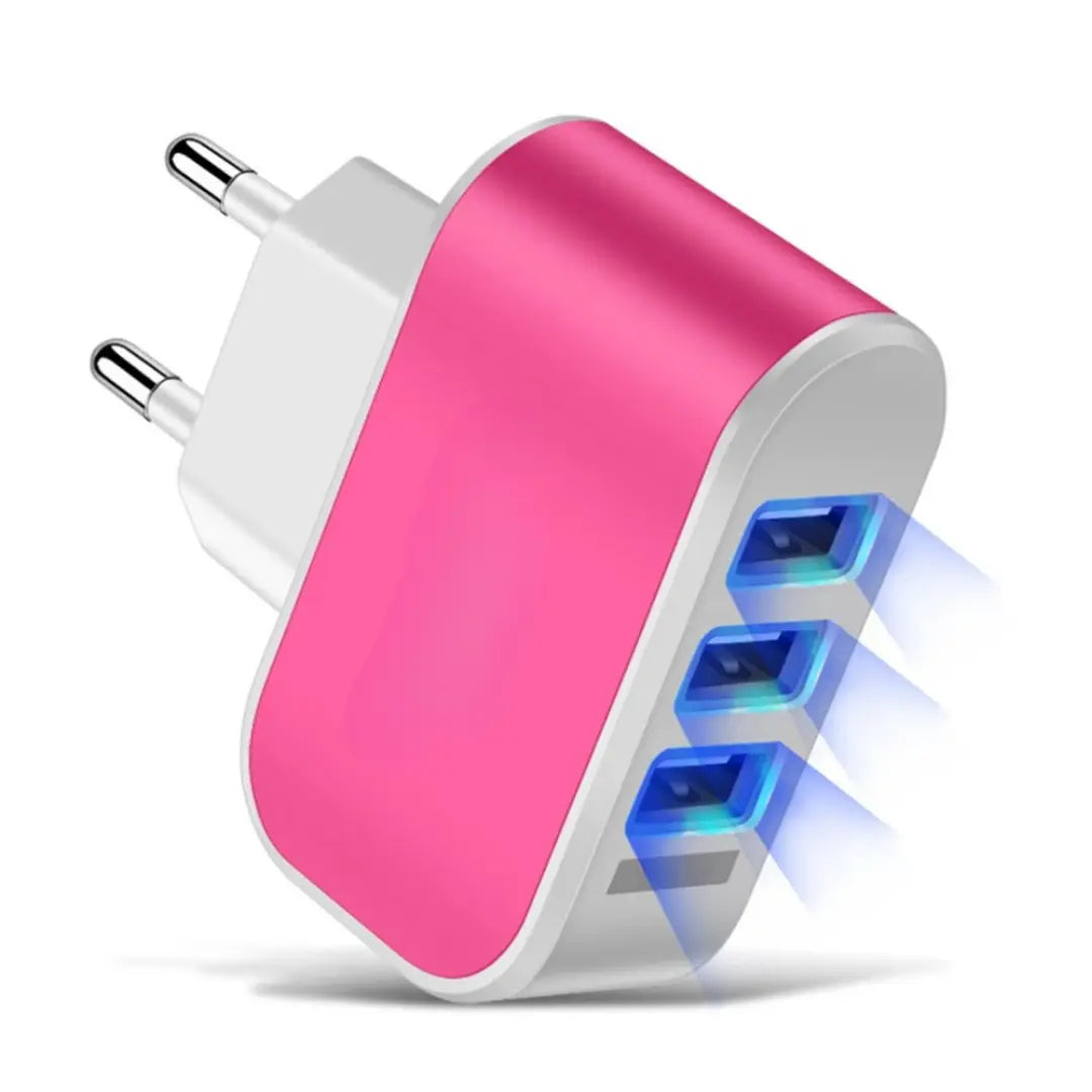 Maskulo NEL316 White/Pink USB Charger for smartphones with 3 ports and LED light, ideal for travel.