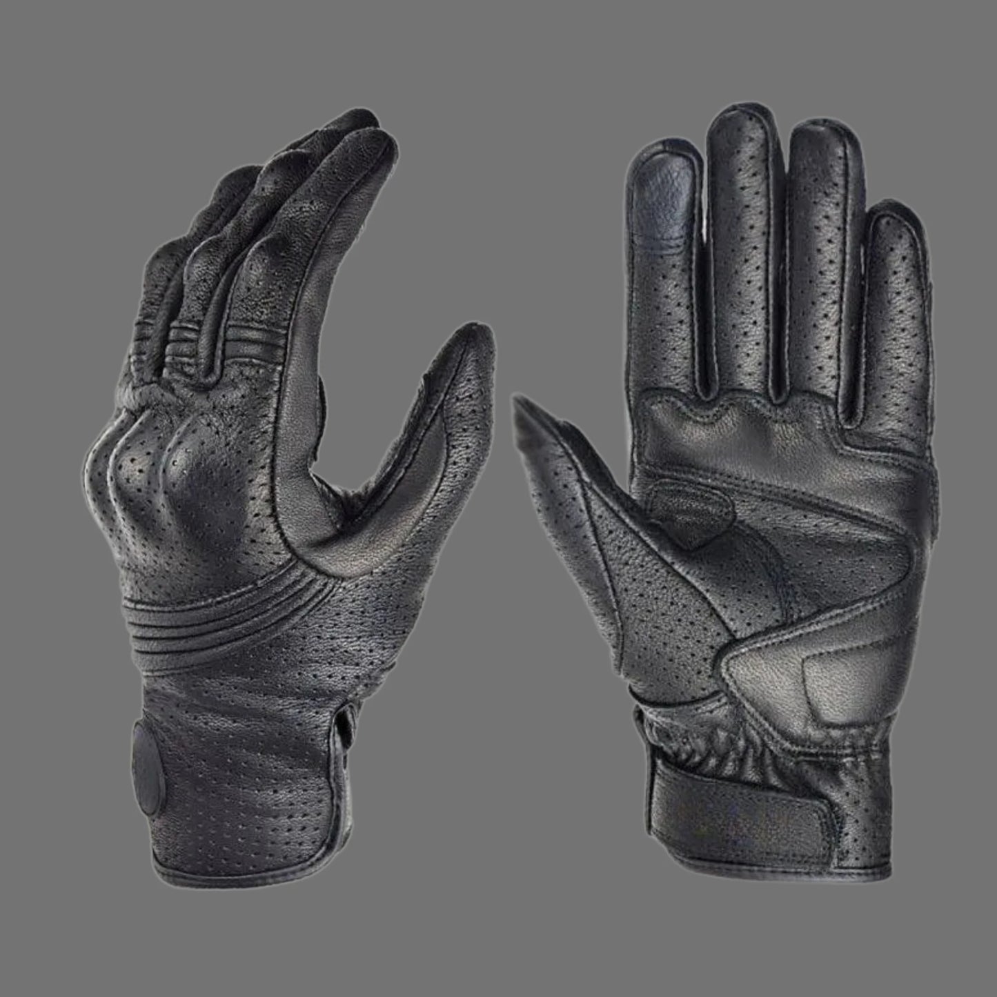 Motorcycle Gloves in black leather with perforation, designed for comfort and protection.