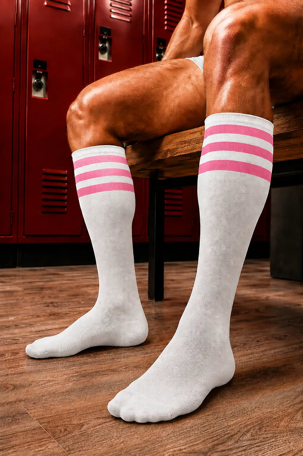 Long Socks. White + 3 Pink Stripes
