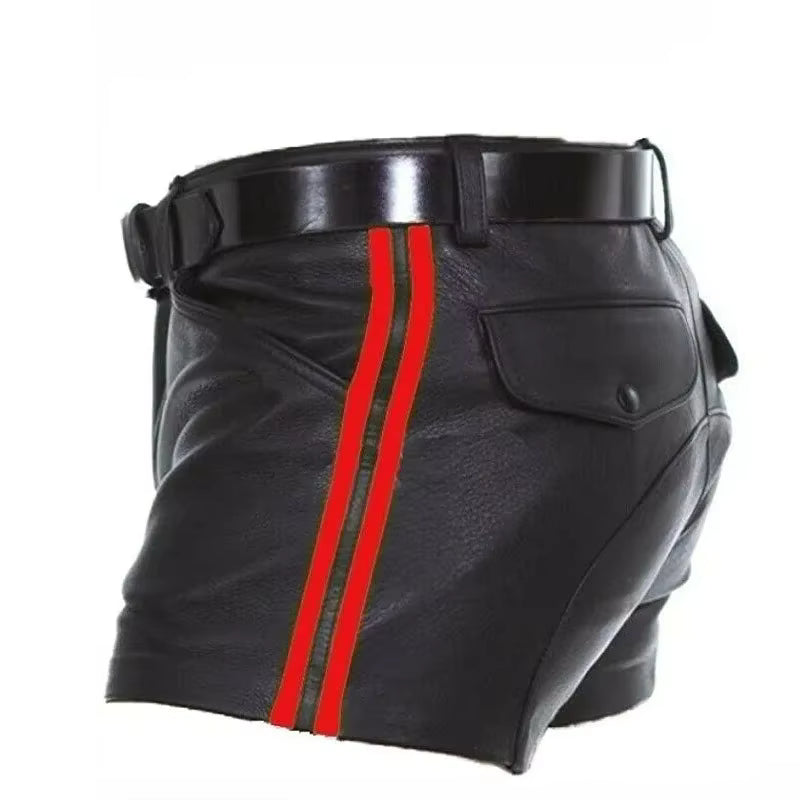 Armed Forces Saddle PU Leather shorts. Red Stripes + Black