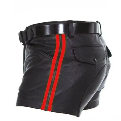 Armed Forces Saddle PU Leather shorts. Red Stripes + Black