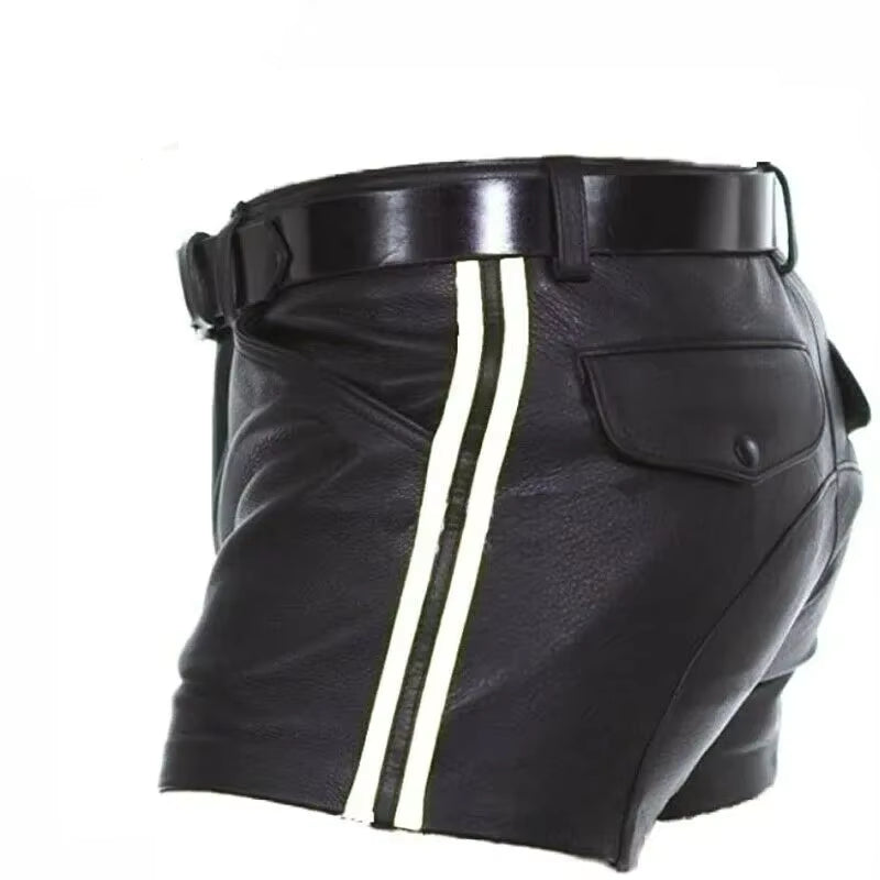 Maskulo NSH316 Armed Forces Black PU Leather Shorts with White Stripes, featuring a saddle rear design, ideal for daily wear, parties, or role-playing.