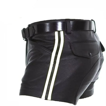 Maskulo NSH316 Armed Forces Black PU Leather Shorts with White Stripes, featuring a saddle rear design, ideal for daily wear, parties, or role-playing.