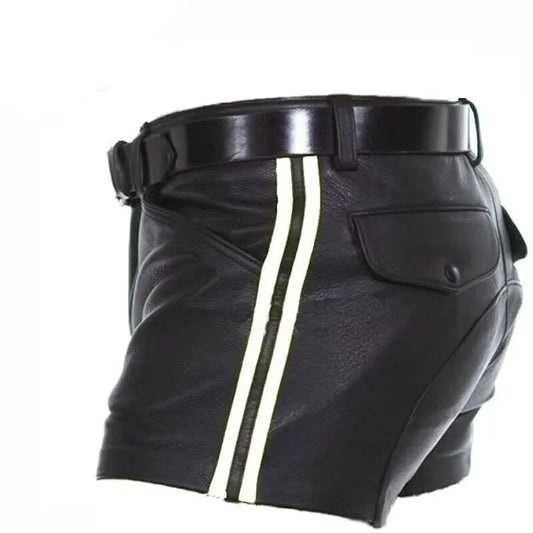 Maskulo NSH316 Armed Forces Black PU Leather Shorts with White Stripes, featuring a saddle rear design, ideal for daily wear, parties, or role-playing.