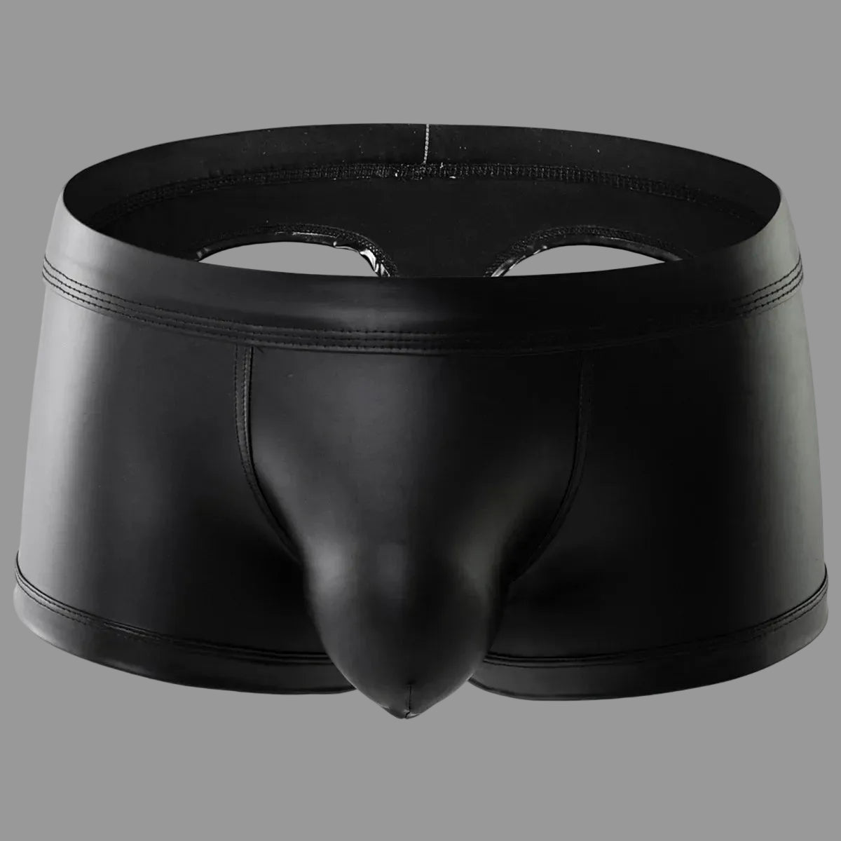 Maskulo NTR319 black PU leather mini shorts with open rear and bulge pouch, ideal for dating.