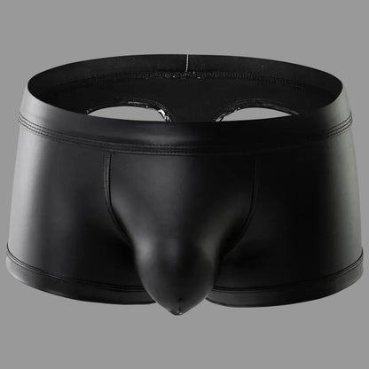 Maskulo NTR319 black PU leather mini shorts with open rear and bulge pouch, ideal for dating.