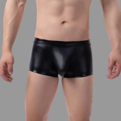 Maskulo NTR319 black PU leather mini shorts with open rear and bulge pouch, ideal for dating.