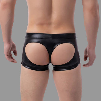Maskulo NTR319 black PU leather mini shorts with open rear and bulge pouch, ideal for dating.