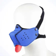 Maskulo Berlin Pup Hood in blue and black neoprene with detachable muzzle for cosplay and role-playing.