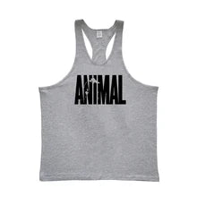 Maskulo NTP313 Gym Tank Top in Gray/Black with 'ANIMAL' wording, made of Cotton, Spandex, Polyester. Highlights neck, shoulders, and biceps; ideal for gym, sports, and daily wear in summer or indoors.