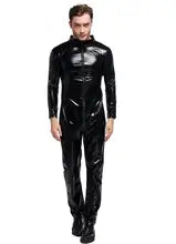 Maskulo NST337 Black Thick Vinyl Full Body Suit with sleeves, perfect for cosplay, parties, or role-playing.
