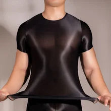 Maskulo NTS311 Black Silky Glossy T-Shirt for men, tight-fit polyester/spandex, ideal for daily wear, gym, or sports.