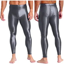 Maskulo NLG315 Gray Silky Glossy Fetish Leggings for men, tight and stretchy polyester/spandex, ideal for bedroom games, cosplay, and posing.