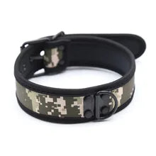 Maskulo NQ1435 Camouflage Woodland & Black Puppy Accessory Collar for role-playing, made of Neoprene & Stainless Steel, ideal for cosplay, parties, and bedroom games.