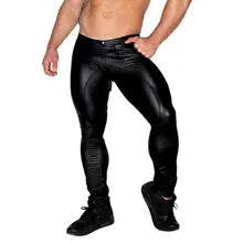 Maskulo NLG312 black thin PU leather fetish leggings with front zipper, stretchy, mid-rise, and zipper open crotch, ideal for cosplay, parties, or role-playing.