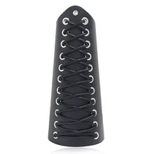 Maskulo NQ3355 Long Black/Silver PU Leather Gauntlet with Lacing, Punk Rock Style. Ideal for cosplay, daily wear, parties, walking, or travel.