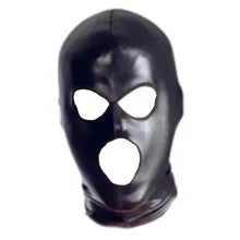 Maskulo NQ1335 Black PU Leather Hood with mouth and eyes openings, ideal for adult roleplay, fetish gear, BDSM, bondage, and parties.