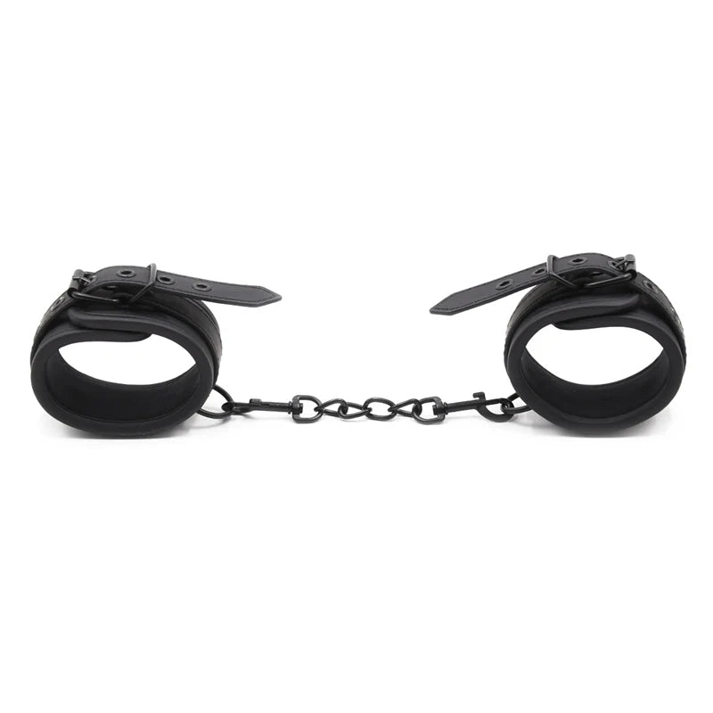 Padded Hand Cuffs on a Decorative Chain. PU Leather. Black