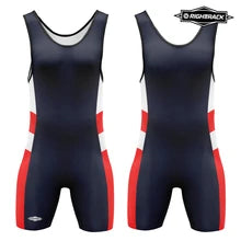 Maskulo NWS318 High Cut Wrestling Singlet for men, black with red and white side elements, made of soft spandex, ideal for posing, parties, cosplay, and bedroom games.