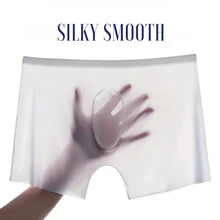 Maskulo NSH356 White See-Through Silky Trunk Shorts for men, very tight and stretchy, with a glossy shine and smooth touch. Ideal for gym, sports, bedroom games, or daily wear.
