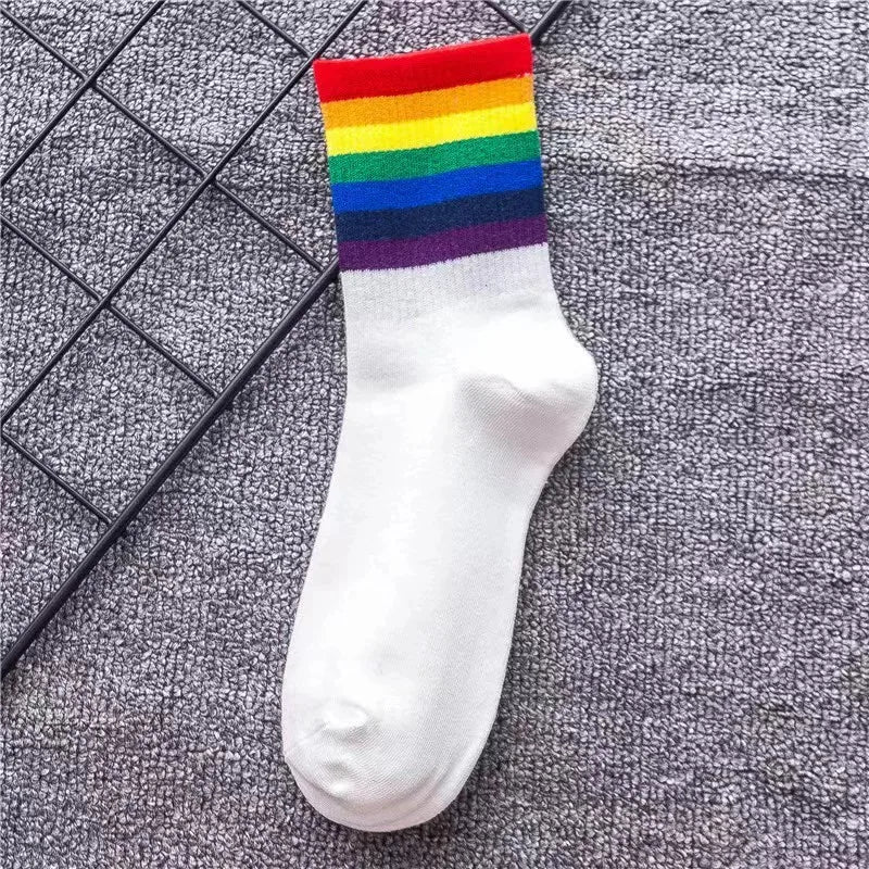 Maskulo NSC339 White Rainbow Line Crew Socks: 7 colors, cotton/poly/spandex blend. Profits support LGBT rights. Ideal for daily wear.