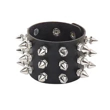 Maskulo NQ3335 black/silver 6cm PU leather wristband with thick spikes, ideal for alternative looks, cosplay, daily wear, parties, walking, and travel.