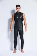 Maskulo NST338 Black Thin PU Sleeveless Full Body Suit for men, one piece, leather look.