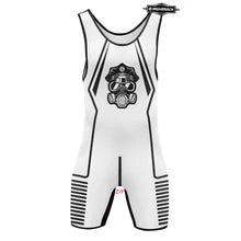 Maskulo NWS323 High Cut Wrestling Singlet with Gas Mask Officer Icon. White/Black, spandex, soft, ideal for posing, party, cosplay, bedroom games.
