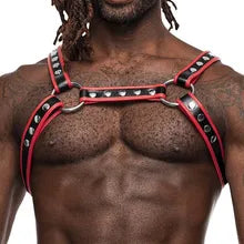 Maskulo NHR312 Red/Black Thick PU Leather Bulldog Chest Harness for men, ideal for cosplay, parties, or role-playing.
