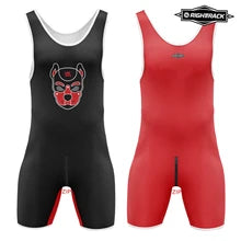 Maskulo NWS317 High Cut Wrestling Singlet with Zipper in Black, Red, White. Features Puppy Icon and soft, smooth Spandex with printing. Ideal for posing, party, cosplay, and bedroom games.
