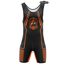 Maskulo NWS320 Black/Orange High Cut Wrestling Singlet with Gas Mask Officer Icon, made of soft spandex, ideal for posing, parties, cosplay, and bedroom games.