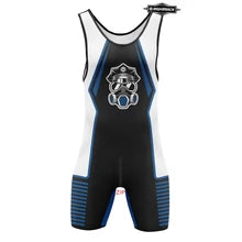 Maskulo NWS321 High Cut Wrestling Singlet in White, Black, Blue Sky with Gas Mask Officer Icon. Spandex, soft, smooth, ideal for posing, party, cosplay, bedroom games.