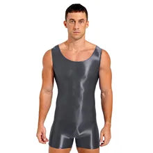 Maskulo NWS327 Gray Silky High Cut Wrestling Singlet for men, tight and stretchy polyester/spandex, with a glossy shine. Ideal for gym, sports, and daily wear.