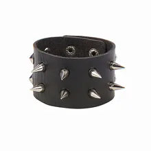 Maskulo NQ3334 Black/Silver 5cm PU Leather Wristband with thin Spikes for an alternative look, ideal for cosplay, parties, travel.