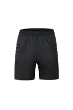 Maskulo NSH358 black mid-thigh soccer goalkeeper shorts with protective foam pads, made of cotton, spandex, and polyester for athletic wear.