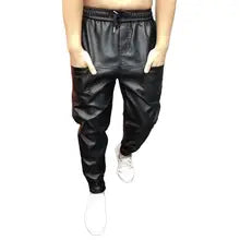 Maskulo NPN311 Black Camouflage Cargo Pants with Faux Leather effect, pockets, stretchy waist, motorcycle style. Ideal for cosplay, daily wear, party, sports, travel.