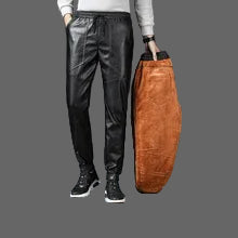 Maskulo NPN315 black thickened fleece PU leather pants, windproof and waterproof biker trousers, ideal for winter wear, cosplay, parties, and tactical activities.