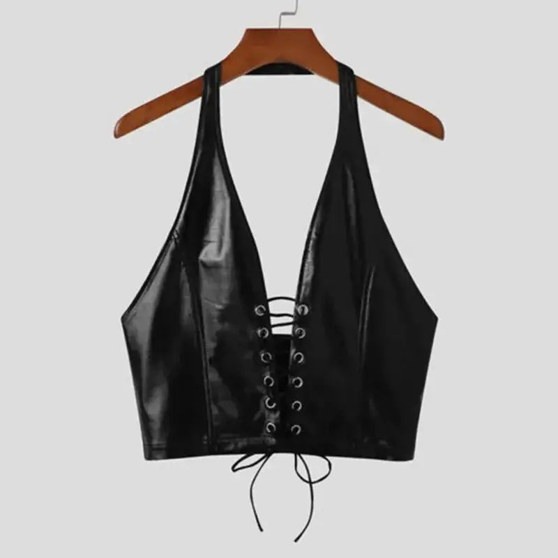 Wet-Look Laced Front Halter Top