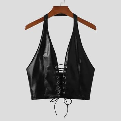 Wet-Look Laced Front Halter Top