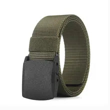 Maskulo NQ4331 Nylon Jeans Belt with Plain Plastic Buckle in Army Green + Black, metal-free, ideal for daily wear, tactical activities, travel, and walking.